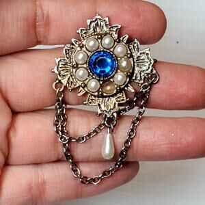Gold Tone With Blue & Faux Pearl Victorian Design 2" Vtg